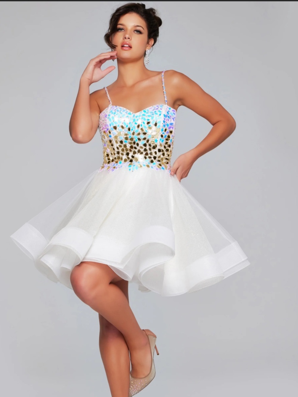 White and Gold Sequin Spaghetti-Strap Kids Dress